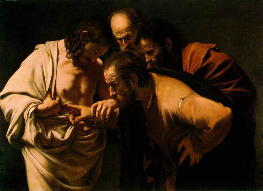 カラヴァッジョ　「聖トマスの懐疑」　1601-02　　Oil on canvas, 107 x 146 cm　　ポツダム、サンスーシ宮国立美術館